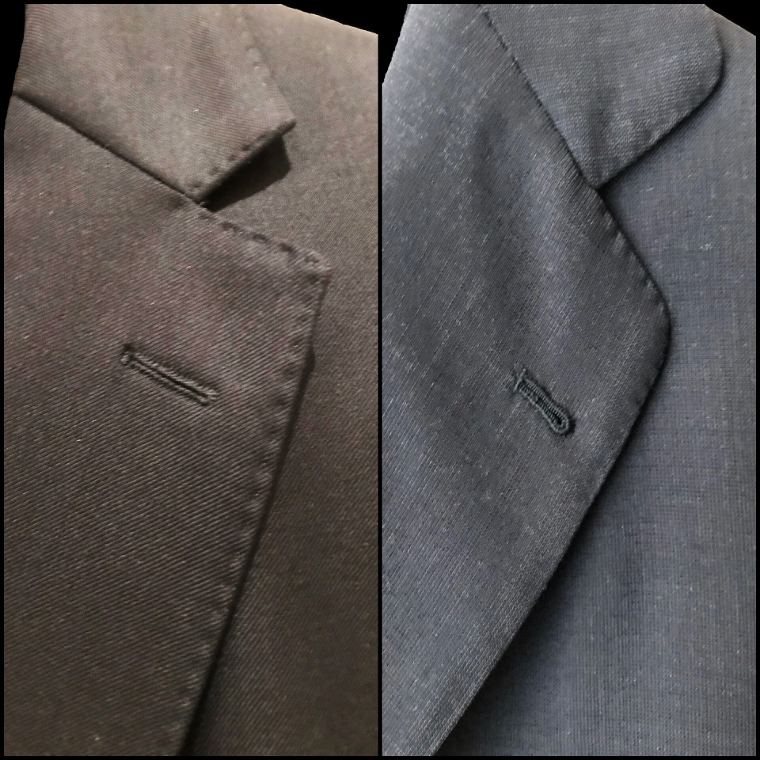 Close-up of two suit lapels showing fine tailoring